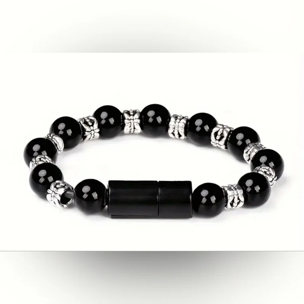 Black and Silver Beaded Bracelet Phone Charger. Iphone Galaxy Android